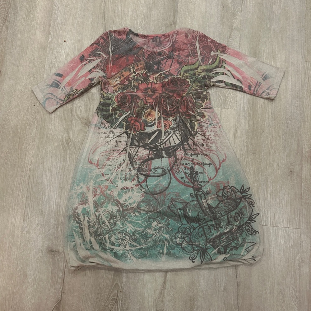 Julie’s Closet Y2K Graphic baby doll Tunic Dress Top Fairytale Alt Print M